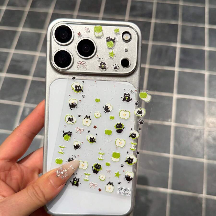 Cute Black Cat Element Lens Protection Film Soft And Cute Little Black Cat (With Heart Details), Green Apples, Cat Paw Prints, Etc., Combined With Bow Ties And Star-Dotted Pattern Stickers + Camera Lens Protection Cover Are Compatible With Apple 17 Pro/17 Pro Max Series. Camera Lens Protection Film Is Suitable For Daily Protection, Office Use, And Home Use Gift Spring - Clear - View 1