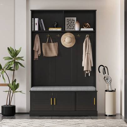 Coat Rack With Shoe Bench, Wardrobe, 6 Triple Hooks, Freestanding, Space-Saving, For Entryway, Hallway, 120*40*191cm