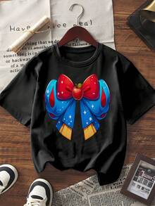 Damen Kurzarm T-Shirt, lässig und locker geschnitten, schwarzes T-Shirt mit niedlichem Cartoon-Schleifen-Grafikdruck, Y2K Streetwear Sommer-Top für den täglichen Outfit - Schwarz - Übersicht 6