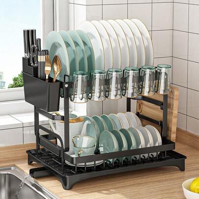 1pc Kitchen Double-Layer Dish Rack, Multifunctional Storage Rack, Draining Rack, Cup Holder