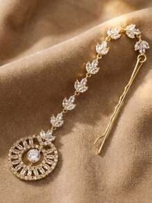 1pc Gold Plated CZ Maang Tikka Headpiece, Sparkling Leaf Vine Head Chain With Circular Sunburst Pendant, Crystal Forehead Head Jewelry For Wedding Bridal Party Festival Accessories - Multicolor - View 6