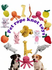 1件/2件/4件装彩色手工编织绳狗玩具，有趣的形状吸引宠物玩耍兴趣，章鱼/熊/长颈鹿/兔子/小狗/蛇/水果等。