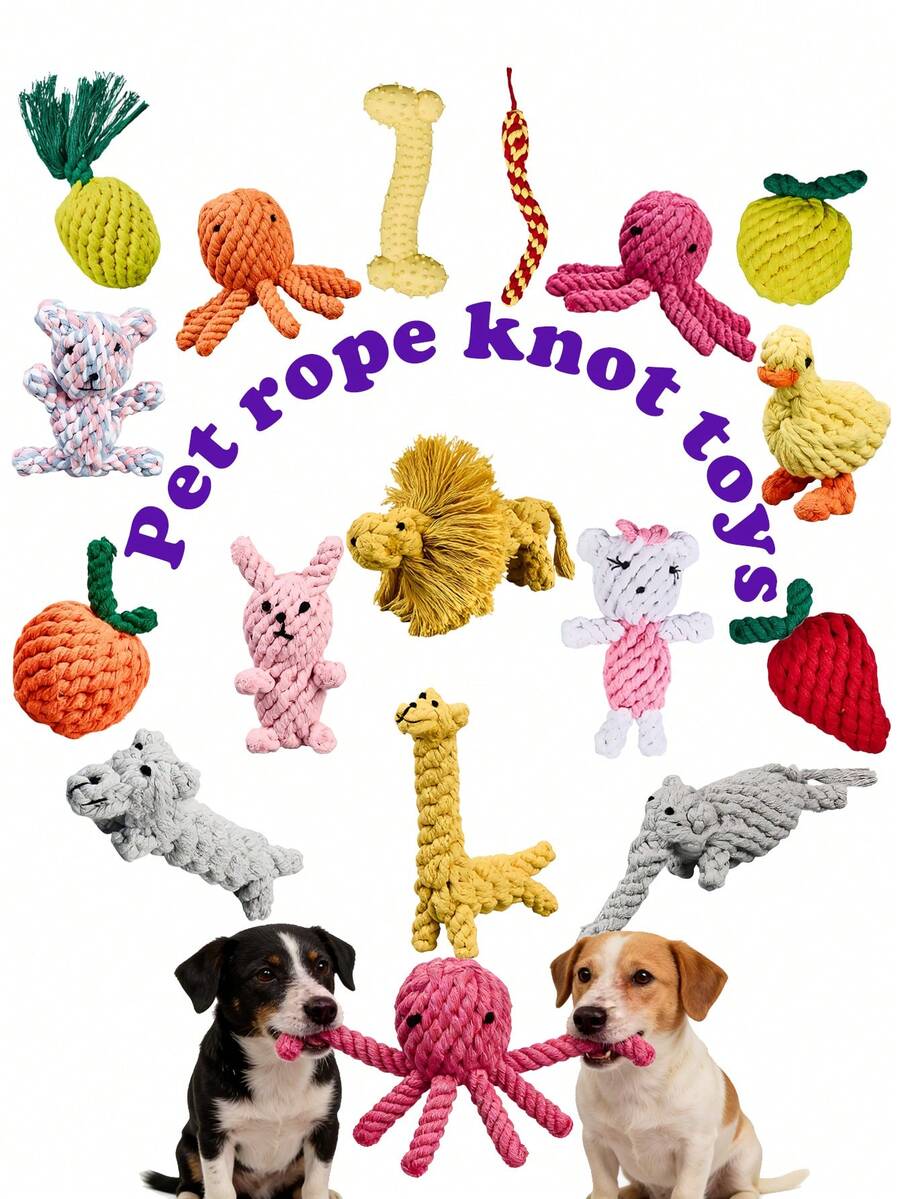 1件/2件/4件装彩色手工编织绳狗玩具，有趣的形状吸引宠物玩耍兴趣，章鱼/熊/长颈鹿/兔子/小狗/蛇/水果等。