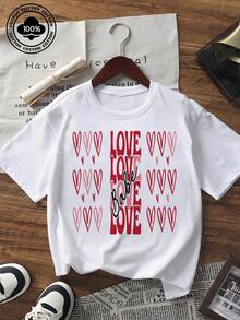 Camiseta de manga corta para mujer para el Día de San Valentín, parte superior de cuello redondo holgada de color negro con estampado de letras LOVE y corazón, camiseta gráfica casual de streetwear para fiestas, citas y conjuntos a juego de parejas - Blanco - Ver 6