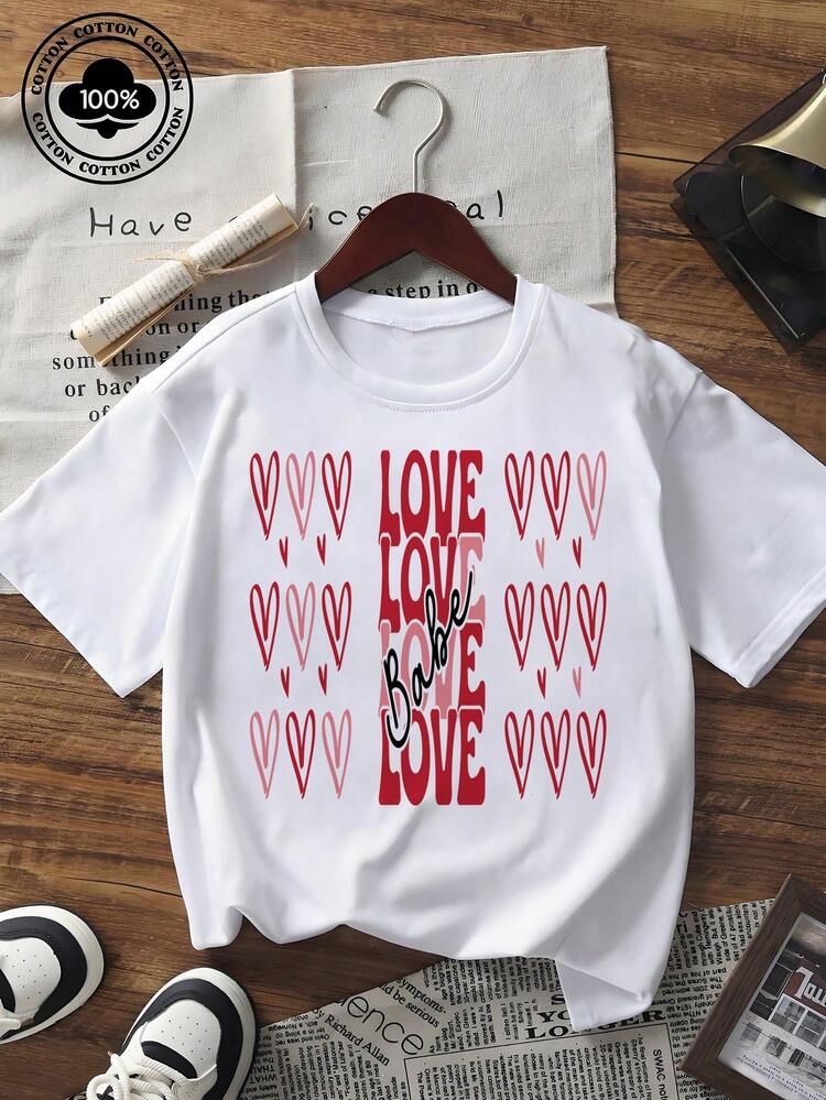 Valentine's Day Women's Short Sleeve T - Shirt, Black Loose Fit Crew Neck Top With LOVE Letter & Heart Pattern Print,  Casual Streetwear Graphic Tee For Holiday Party Dating Couple Matching Outfits - 白色 - 查看 6