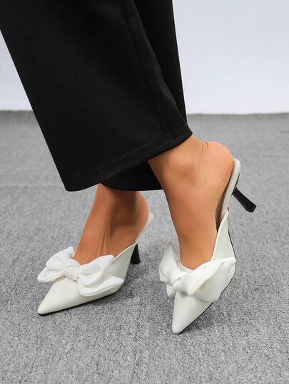 2026 New French Bow Pointed Toe Elegant High Heel Sandals, White Outdoor Fairy Stilettos Suitable For Party & Valentine's Day Gift