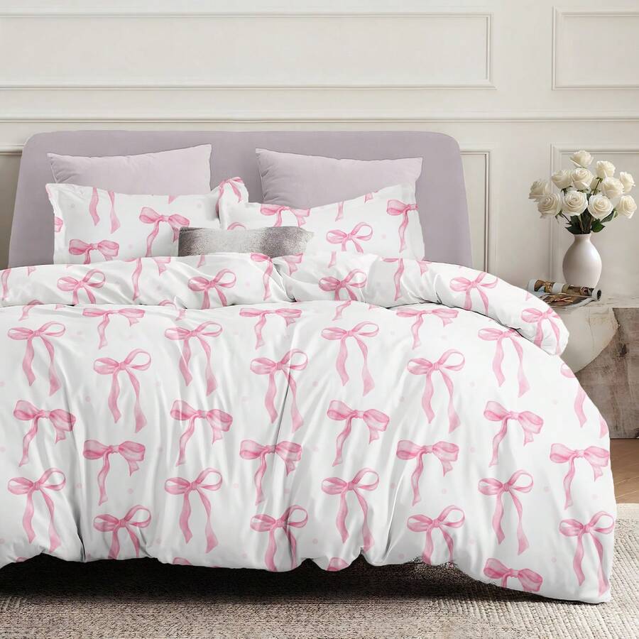 2/3件套数字蝴蝶结印花被套套装（1件被套+1/2件枕套，不含被芯），柔软亲肤，适合卧室、宿舍、酒店，四季皆宜，完美适配双人床/标准双人床/加大双人床/单人床，是送给父母和朋友的床上用品礼品套装。 - 淺粉色 - 查看 1