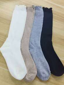 2 đôi tất nữ màu trơn, viền bèo, dài đến đầu gối, thoải mái và ấm áp, thích hợp để phối cùng bốt cưỡi ngựa, mùa thu/đông. - Nhiều màu - Xem 9