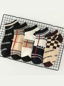 5双/10双装女士短袜，字母条纹图案，优雅法式复古时尚百搭，春夏款 - 彩色 - 查看 9