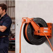 Bobina de manguera de aire retráctil, 3/8 pulgadas x 50 FT manguera de aire de goma Max 300PSI, Bobina de mangueras de compresor de aire de rebobinado automático con plomo de 5 pies, montaje en techo / pared doble brazo de acero pesado - 3/8 pulgadas x 50 pies - Ver 9