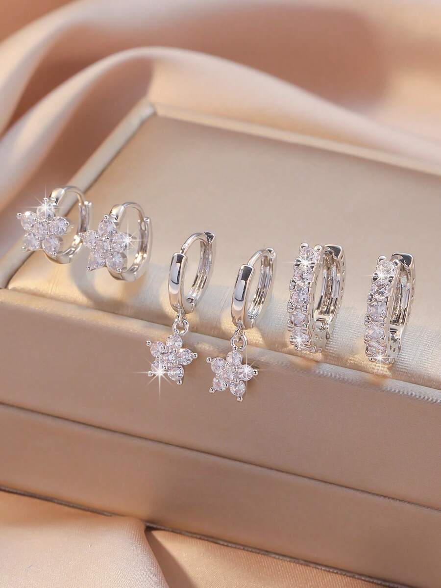 Hihho 6 Stück/Set Luxus Blumen Ohrringe Set, Silber/Stern Blume + Ohrringe, Nischendesign, vielseitig für Alltag, Date, Anziehen, hochwertige Schmuckzubehör für Frauen