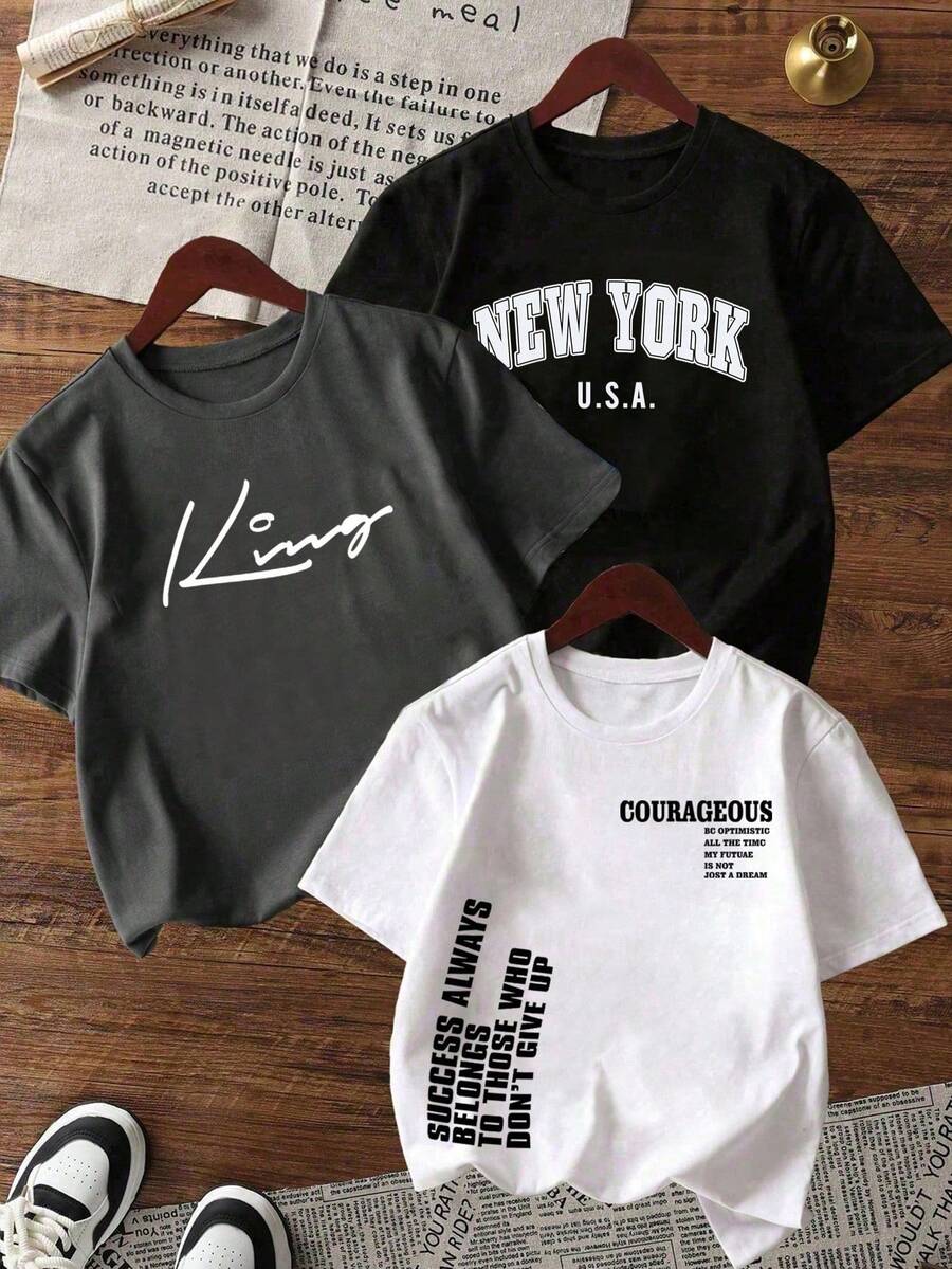 3件装男童字母印花短袖T恤 - 彩色 - 查看 1