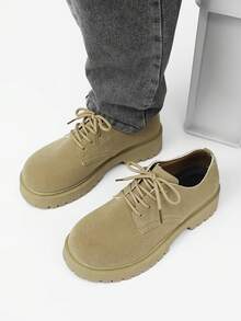 Men's Retro British Style Chunky Derby Shoes, Versatile Casual Elevator Shoes - Camel - View 4