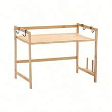 1 Tier Bamboo Wood Microwave Shelf, Desktop Microwave Stand With Hooks & Cutting Board Holder/ Rag Rack, Kitchen Counter Organizer Utility Storage Shelf, Utility Racks - 2 Tiers: 53*37*68cm - View 9