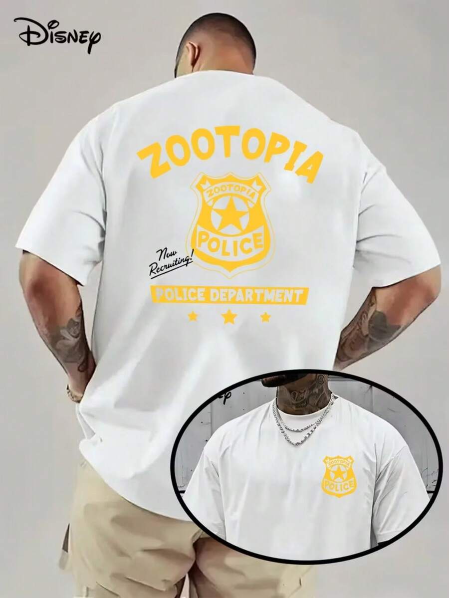 Disney Zootopia  Department Emblem Grass Double-Sided T-Shirt Men's Casual Fashion Round Neck Polyester Fabric Is Skin-Friendly And Comfortable. You Can Wear  Street Style Men's Disney Birthday Shirt In Daily Life And Gym. - White - View 1