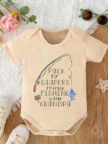 Baby Cotton Bodysuit | "Pack My Diapers I'm Going Fishing With Grandpa" Graphic | Soft Daily Wear - Màu be - Xem 1