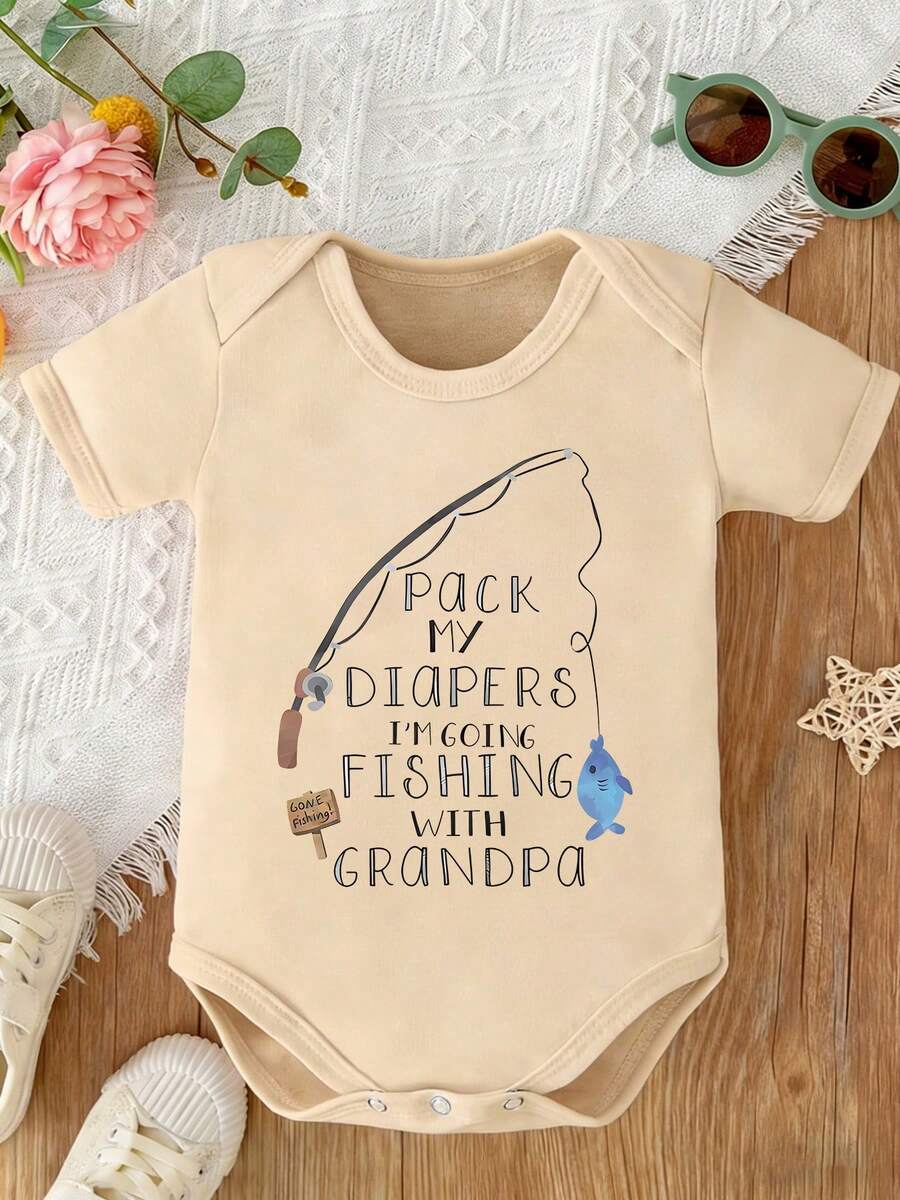 Baby Cotton Bodysuit | "Pack My Diapers I'm Going Fishing With Grandpa" Graphic | Soft Daily Wear - Màu be - Xem 1