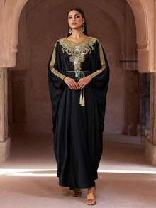 Luxury Pink Embellished Long Sleeve Kaftan Robe, Elegant Middle Eastern Style, Arabic Women's Abaya Robe, Modest And Graceful - Black - View 3