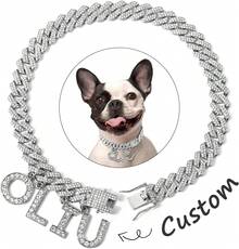 Personalized Dog Necklace,  Custom Dog Collar With Letter Pendant Tag Silver Diamond Name Letters Cuban Style Collar Jewelry Small Medium Dog Accessories, Pet Alloy Collar Accessory, Hip-Hop Style Accessory, Suitable For Daily Wear And Parties - Silver - View 10