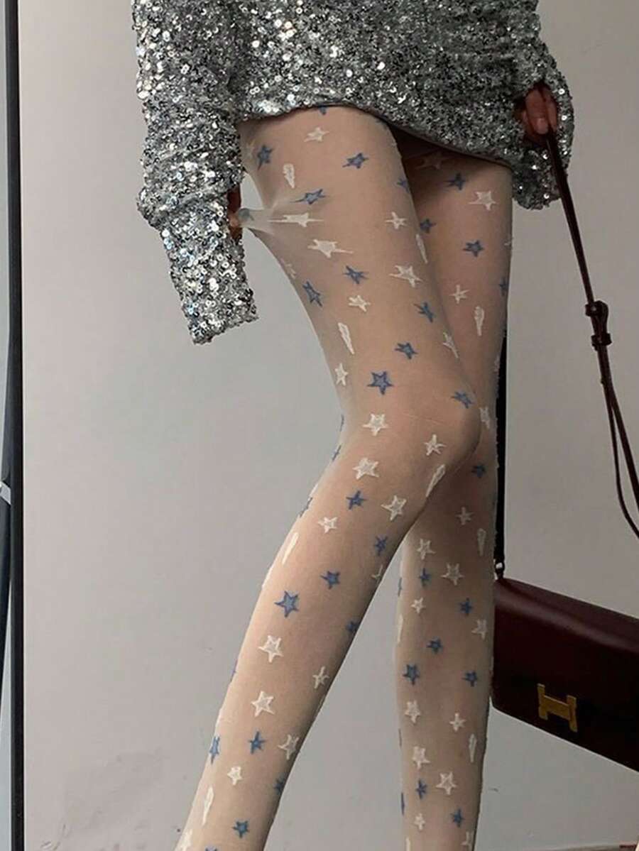 1双女士蓝白星形透明可爱连裤袜，独特设计，彰显个性，Y2K复古风情，时尚百搭，适合日常穿着 - 彩色 - 查看 1