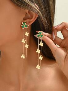 1 Pair Spring/Summer Green Clover Tassel Earrings, Multi-Layer Clover Design With Rhinestone Accents, Tassel Fringe, Suitable For Daily Wear, Gifts, Parties, Dates, Unique Design Earrings - Multicolor - View 5