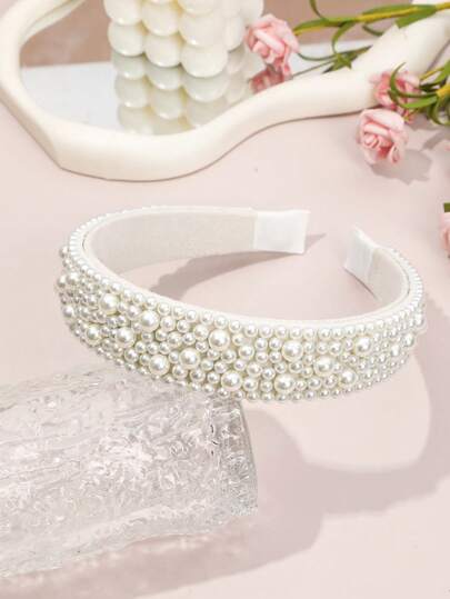 1pc High-End Heavily Beaded Wide-Banded Headband, Minimalist Crown-Like Design, Suitable For Weddings, Parties, Romantic French Style, Valentine's Day Hair Accessory