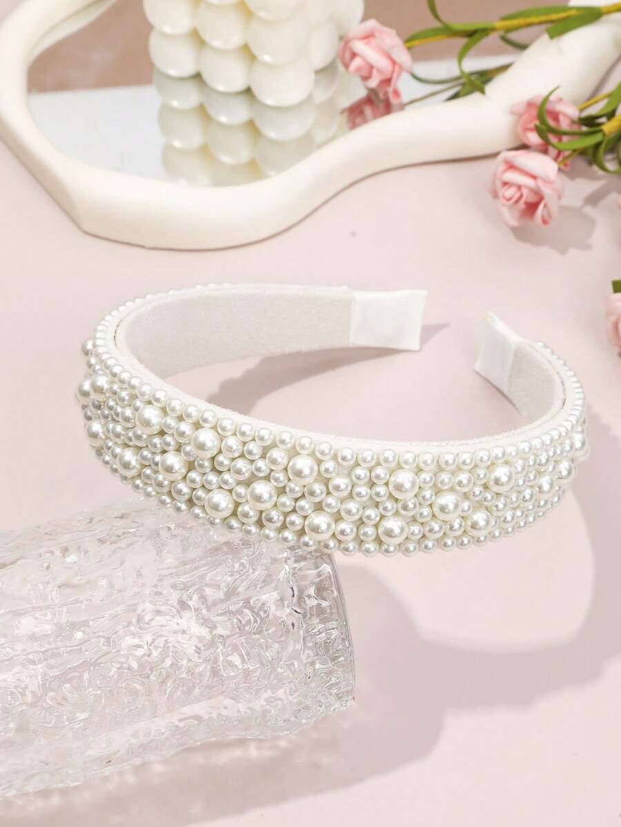 1pc High-End Heavily Beaded Wide-Banded Headband, Minimalist Crown-Like Design, Suitable For Weddings, Parties, Romantic French Style, Valentine's Day Hair Accessory ,Hair Band ,Diadema ,Hair Hoop - Multicolor - View 1