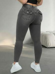 大码修身牛仔裤，带拉链口袋和纽扣细节，弹力舒适，休闲女裤，春季款 - 灰色 - 查看 8