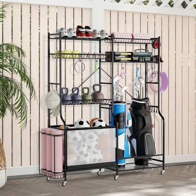  COSTWAY Sports Equipment Organizer For Garage, Metal Ball Storage Rack, Golf Bag Holder With Yoga Mat Holder, Ball Basket, 5 Adjustable Shelves, Side Storage Hook & 13 Removable Hanging Hooks, Black, Black
