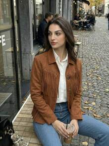 Women's Luxury Brown Suede Fringe Jacket, Elegant Rivet Fringe Coat, Fashion Denim Girl Party Nightlife Streetwear Bohemian Style Outerwear, Spring To Summer - Brown - View 10