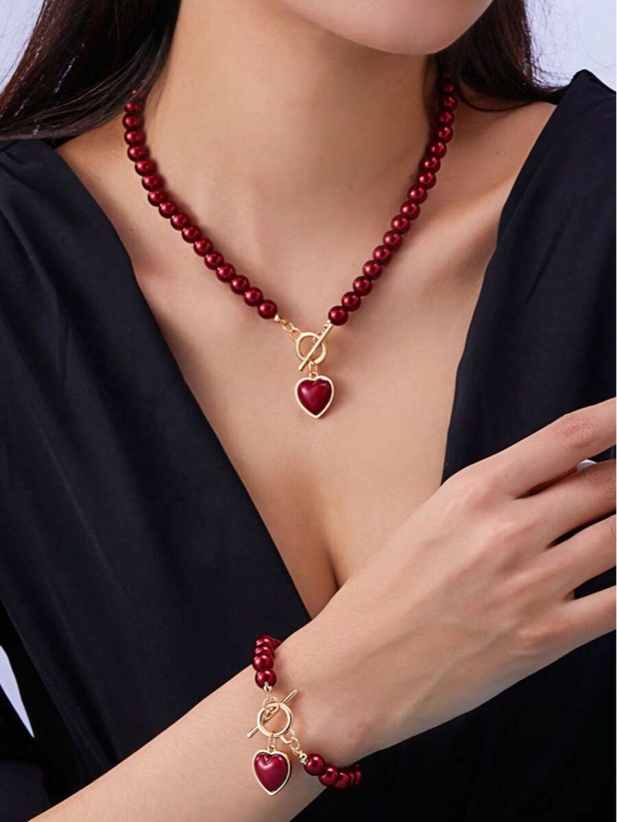 1 Set Of 2pcs Fashionable, Elegant And Romantic Red Faux Pearl Heart Pendant Necklace And Bracelet, Suitable As Valentine's Gift For Girlfriend - Multicolor - View 1