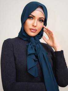 3件套女士纯色珍珠雪纺优雅滚边传统穆斯林头巾套装 - 彩色 - 查看 2