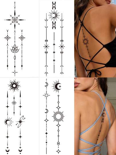 STARTTOOS Black Striped Spine Tattoo Sticker With Minimalist Star Elements, Geometric Lines, Sun, Moon, Stars And Lotus Pattern. Temporary Fake Tattoo Sticker, Suitable For DIY Carnival, Valentine's Day, Party Holiday Gifts, Applicable To Back, Chest And Spine Tattoo Stickers