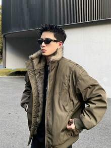 Chaqueta Invernal Desestructurada Estilo Retro Americano: Abrigo Acolchado con Cuello de Piel, Grueso, Cálido y Versátil para un Look de Alta Gama - verde militar - Ver 1