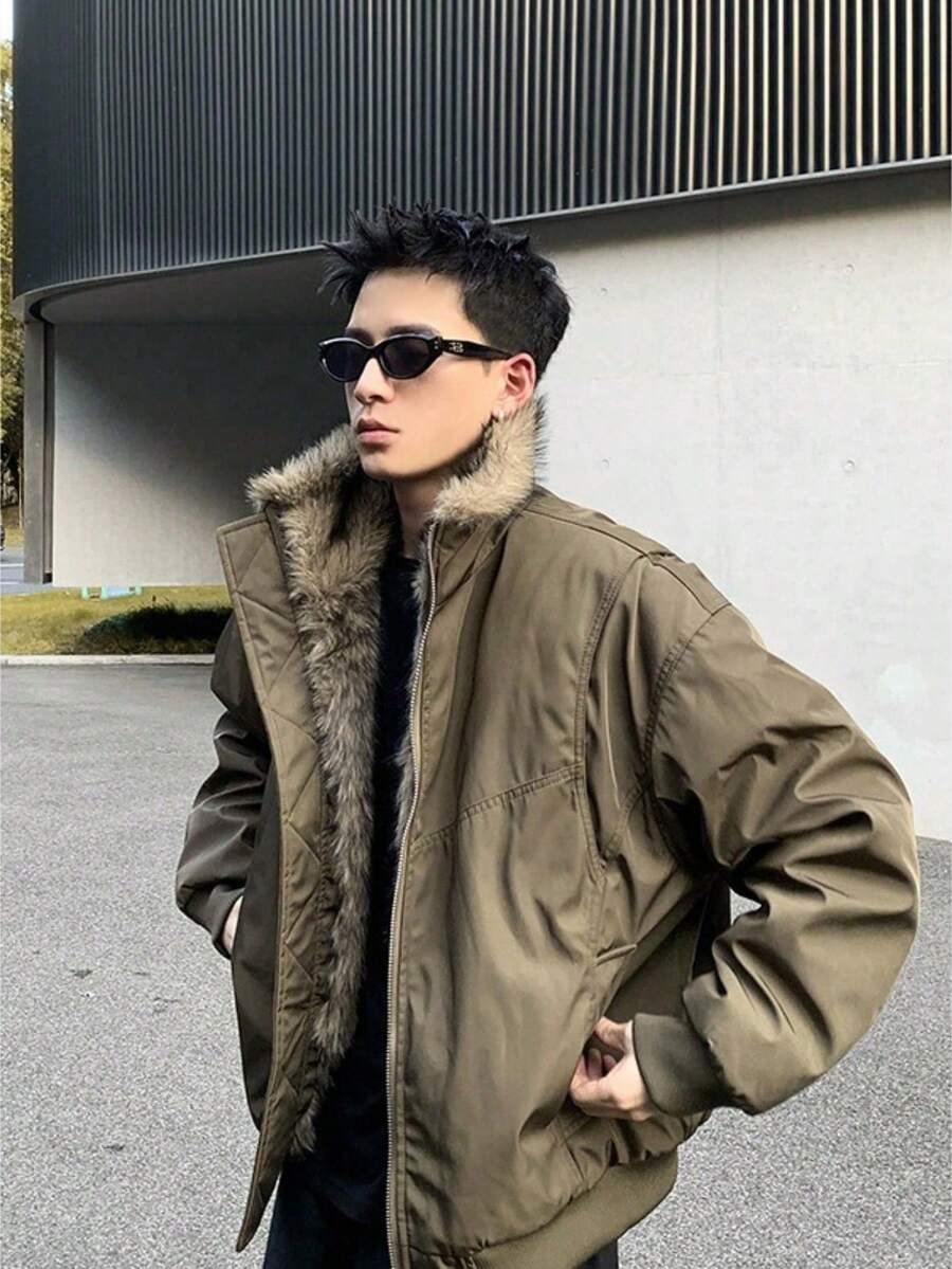 Chaqueta Invernal Desestructurada Estilo Retro Americano: Abrigo Acolchado con Cuello de Piel, Grueso, Cálido y Versátil para un Look de Alta Gama - verde militar - Ver 1