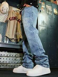 Casual Loose Straight Wide-Leg Jeans With High Street Embroidery Distressed Wash - Light Wash - View 2