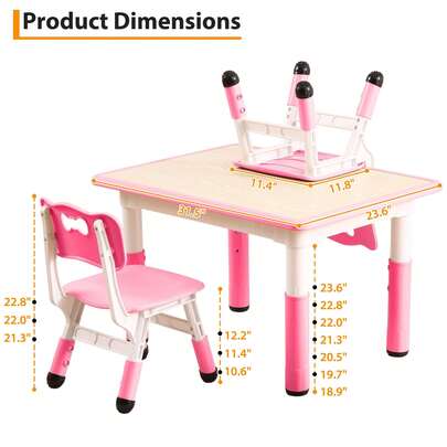 Set de Mesa y 4 Sillas para Niños, Mesa Ajustable de hasta 81 cm de Altura con Patas Antideslizantes y Organizador, Escritorio para Actividades y Manualidades en Preescolar (Rosa)