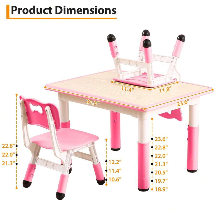 Set de Mesa y 4 Sillas para Niños, Mesa Ajustable de hasta 81 cm de Altura con Patas Antideslizantes y Organizador, Escritorio para Actividades y Manualidades en Preescolar (Rosa) - Rosa - Ver 1