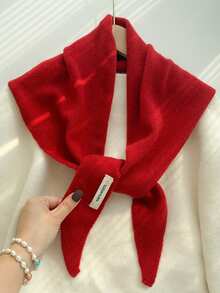 100% Wool Knitted Triangle Scarf/Shawl For Women, Warm Neck Wrap, Multi-Functional Versatile Small Scarf, Autumn/Winter - Red - View 2