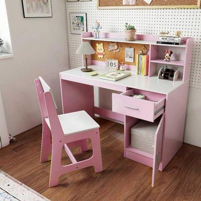 DORTALA Kids Study Desk And Chair Set | Wooden Writing Table With Shelves, Drawer, Storage Cabinet For 3+ Years Old, Pink, Modern Style, Floor Mount, Ideal For Boys And Girls, Suitable For Bedroom, Home, School