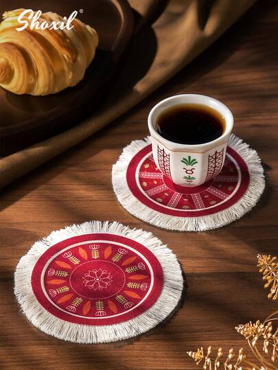 shoxil 1个流苏杯垫，中东风格咖啡杯垫，装饰杯垫，郁金香印花杯垫，茶杯杯垫，餐垫，适用于家庭、咖啡馆、斋月及其他场合