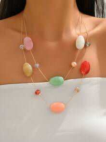 1 szt. Modny damski kolorowy naszyjnik z żywicy kryształowej z podwójnymi warstwami, długi, odpowiedni do noszenia na co dzień - wielobarwność - Zobacz 1