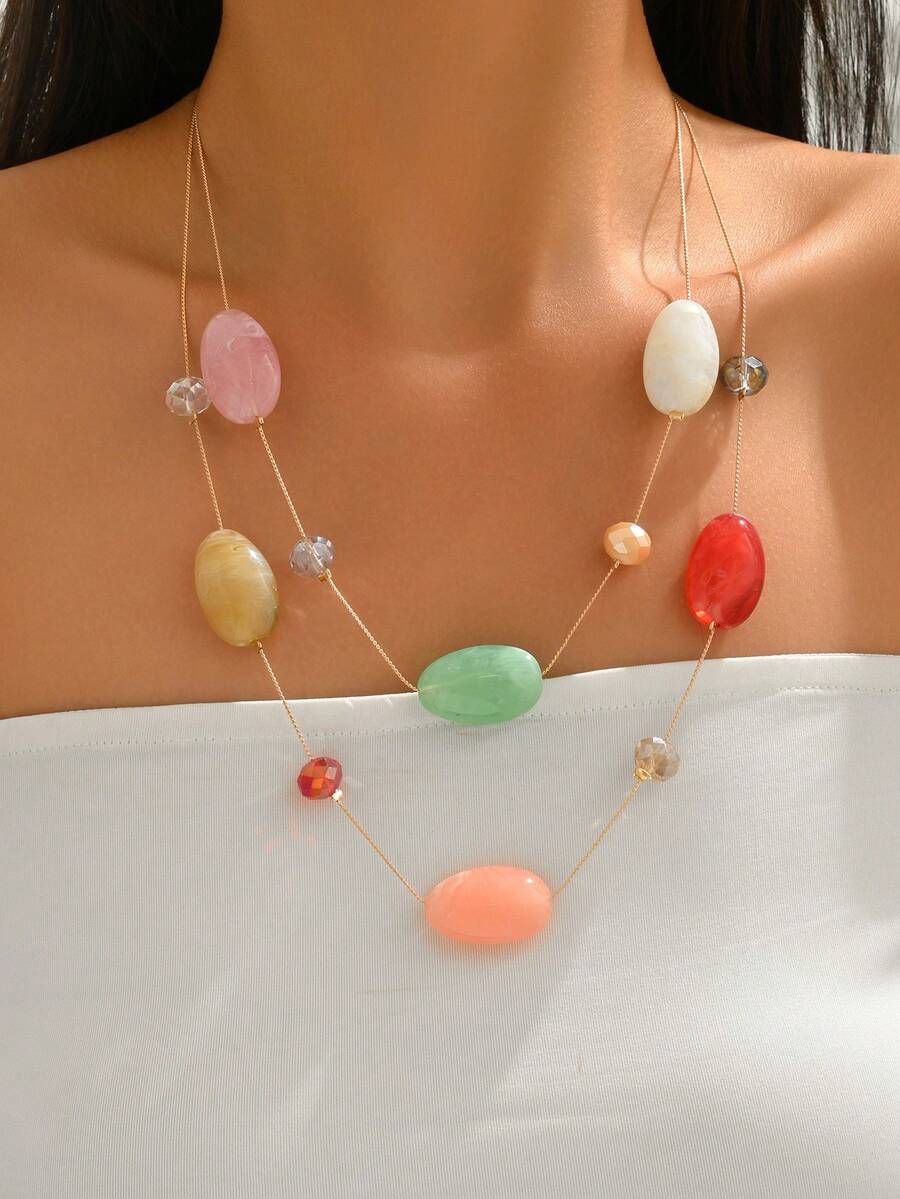 1 szt. Modny damski kolorowy naszyjnik z żywicy kryształowej z podwójnymi warstwami, długi, odpowiedni do noszenia na co dzień - wielobarwność - Zobacz 1