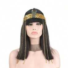 Cleopatra Cosplay Wig With Headdress - Egyptian Queen Costume Wig, Straight Black Synthetic Hair With Bangs, Golden Accents & Beads For Halloween, Renaissance Fairs, Themed Parties (Includes Headpiece) - 黑色的- - 查看 3
