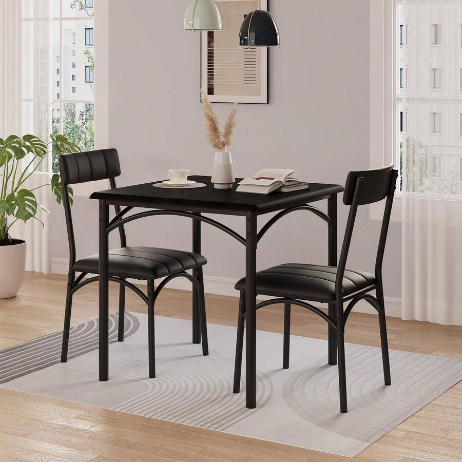 Juego de Comedor de 3 Piezas para 2 Personas, Mesa de Cocina Cuadrada Compacta con Sillas Tapizadas, Ideal para Departamentos o Estudios Pequeños, Color Negro - Negro - Ver 1