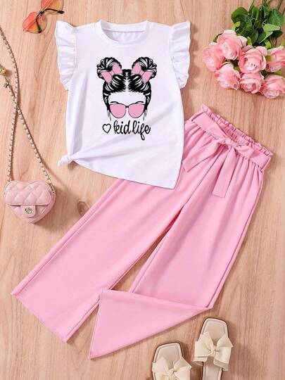 Girls Casual Round Neck Cartoon Print Ruffle T-Shirt, Knit Top And Flare Pants Set, Suitable For Home And Outings, Flare Pants Set