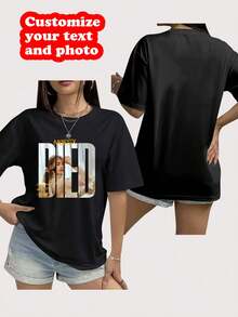 Camiseta de manga corta personalizada para mujer - Personaliza texto/nombre/número/logotipo/patrón/foto/familia/mascota/amigo/fiesta/logotipo del equipo/crea tu propia camiseta única - Negro - Ver 1