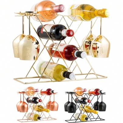 Countertop Wine Rack With Glass Holder For 8 Bottles & 4 Glasses - Tabletop Modern Small Wine Rack For Home Kitchen Cabinet Wine Cellar Storage - No Assembly Wine Bottle Holder (Gold),39691335