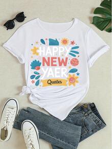 Camiseta gráfica de manga corta para mujer con estampado floral de Feliz Año Nuevo, camiseta casual con patrón de flores de sol y hojas de dibujos animados, de corte holgado y cuello redondo para fiesta de vacaciones - Blanco - Ver 4
