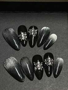 10片装时尚星爆美甲贴纸，黑色闪光渐变金属水钻手工装饰美甲用品 - 黑色 - 查看 8